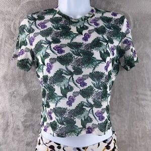 Maje Floral‎ Mesh Shirt Top Womens Size 1 White Green Purple Boho Sheer